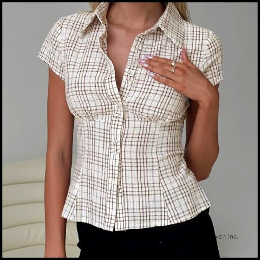 Y2K V-Neck Crop Top Short Sleeve Button-Up Blouse Slim Fit Fairycore - Picture 2 of 7